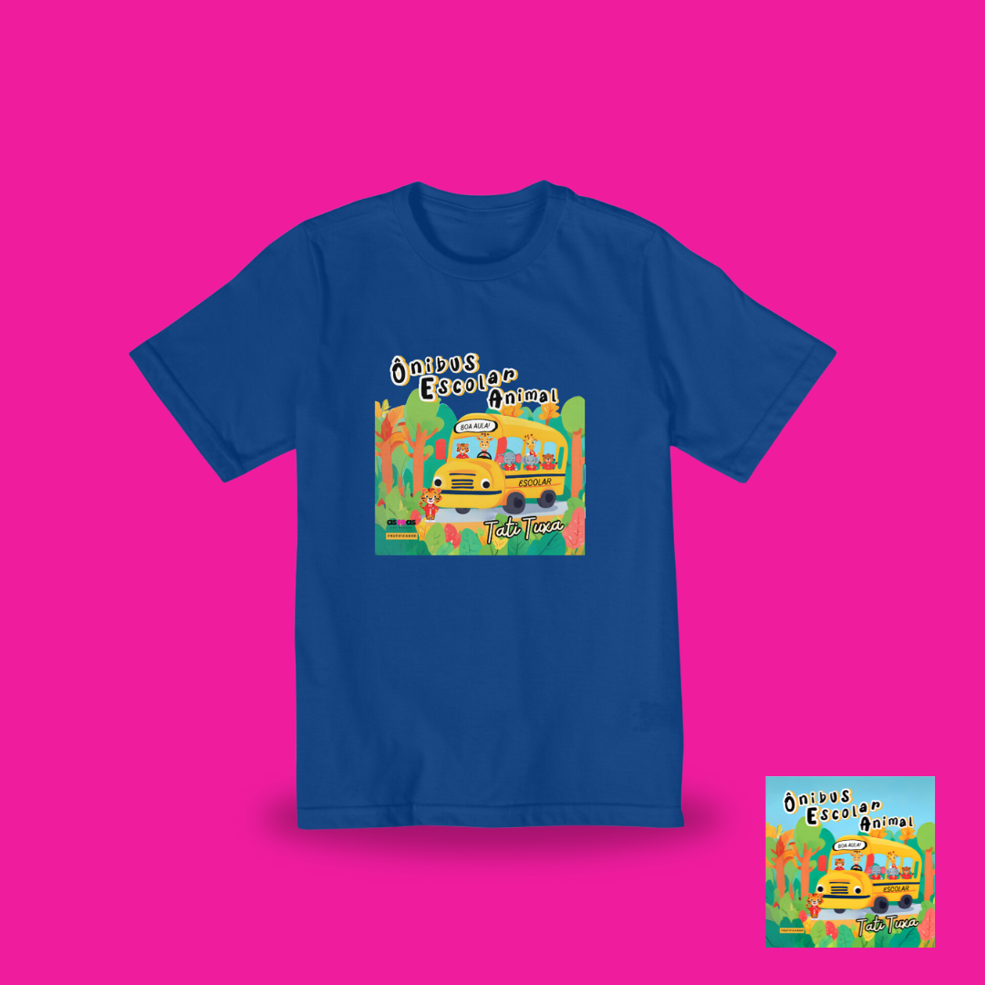 Nome do produto: Camiseta infantil - de 10 a 14 anos - Ônibus escolar animal