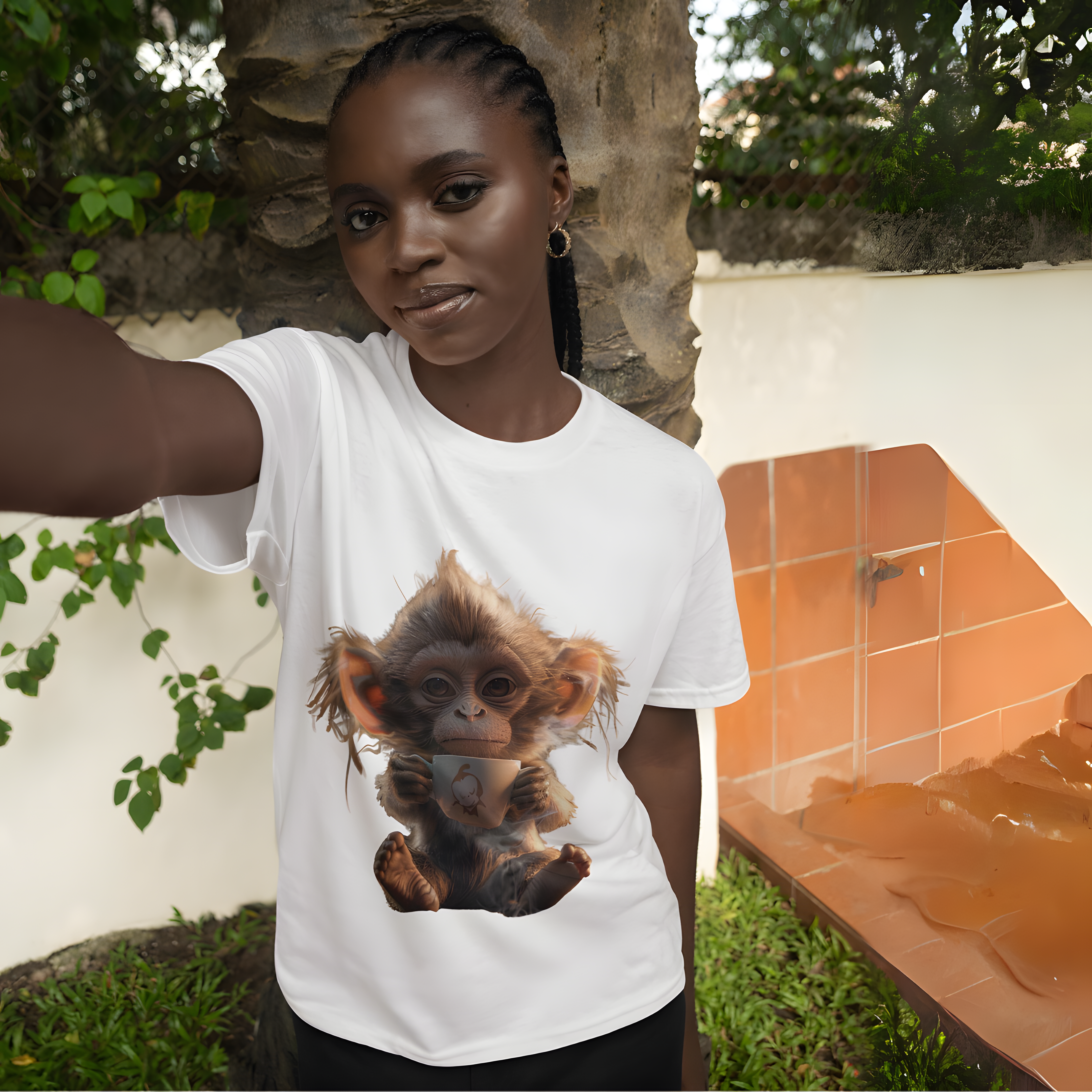 Nome do produto: Camiseta Macaquinho Tomando Café