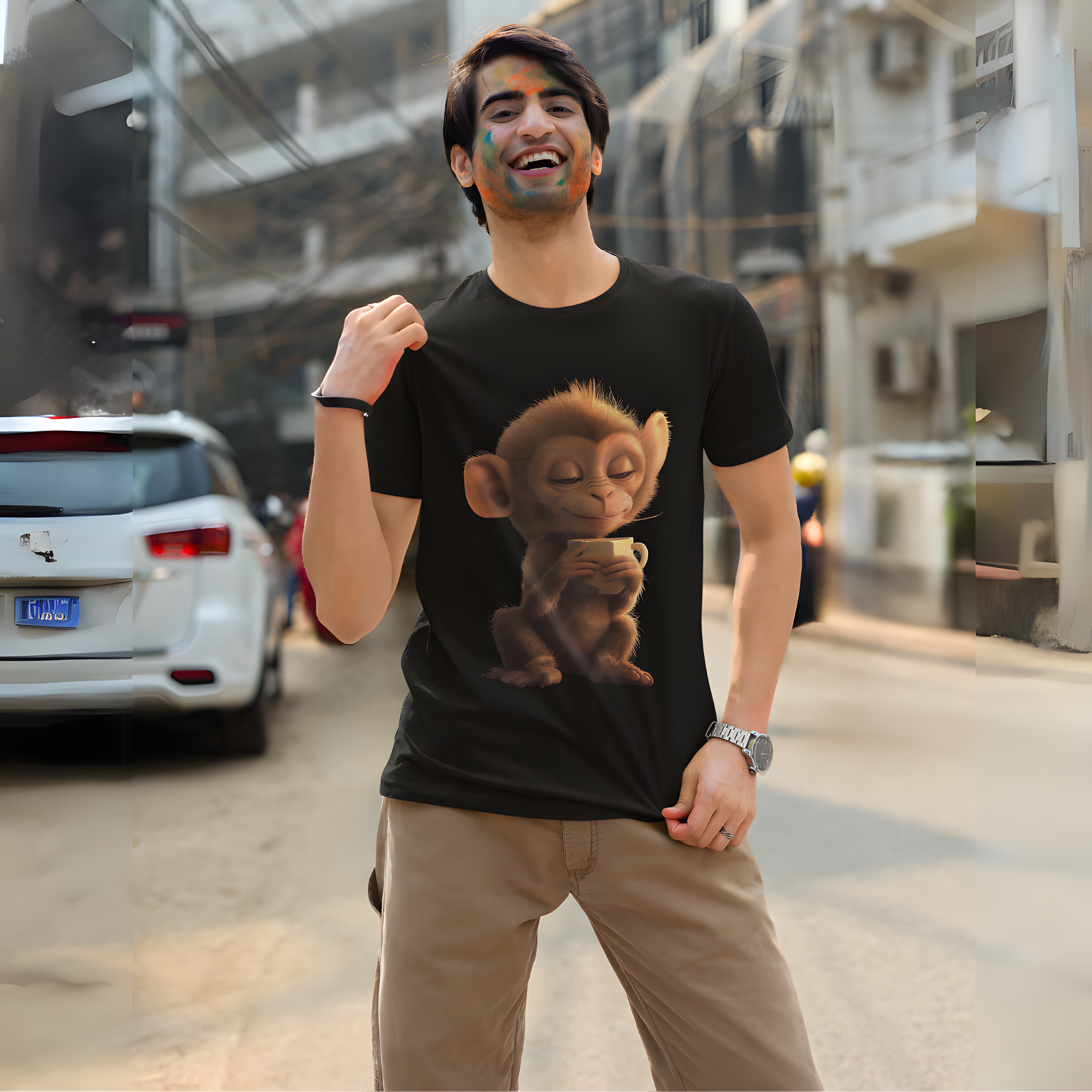 Nome do produto: Camiseta Macaquinho em Paz Tomando Café