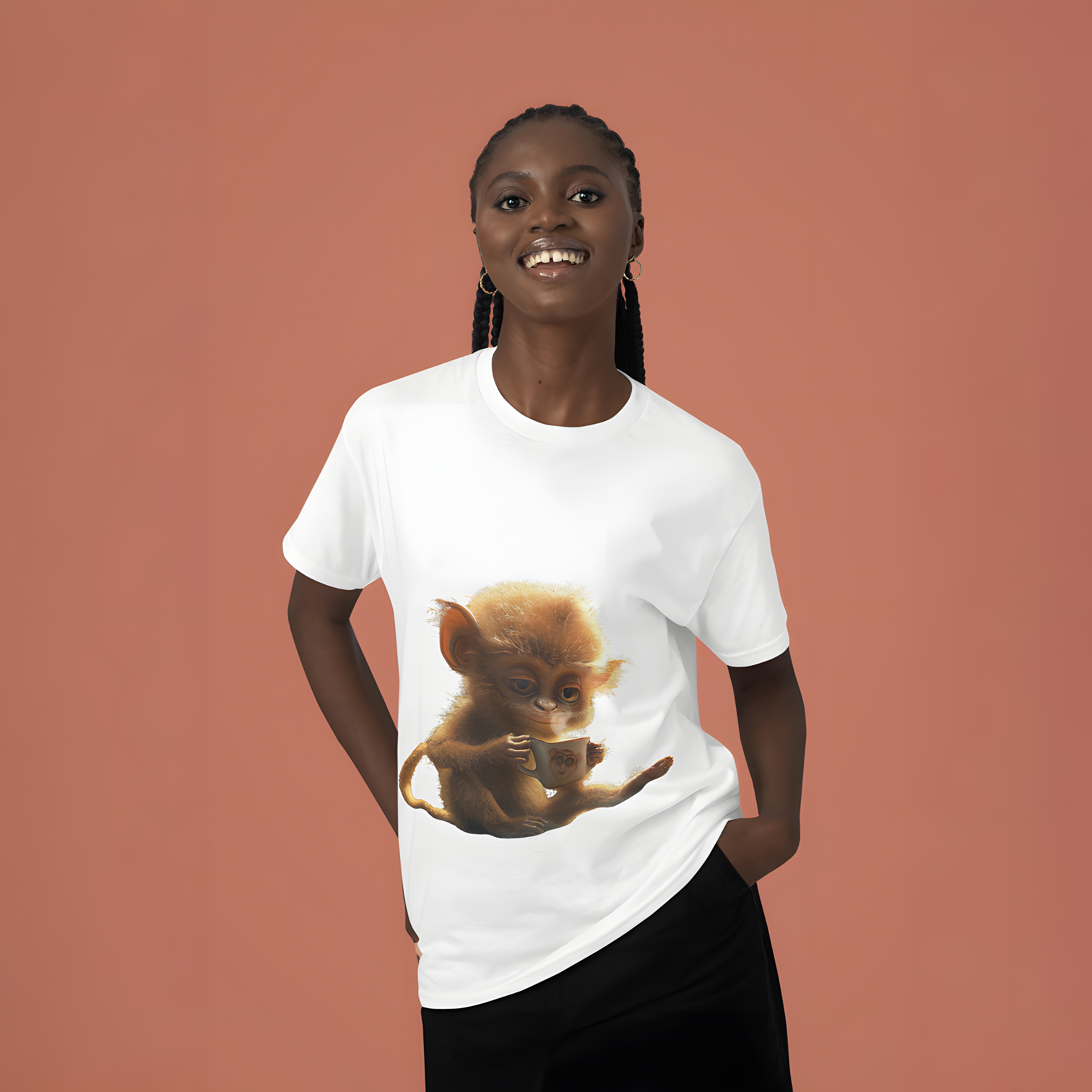Nome do produto: Camiseta Macaquinho Tomando Café