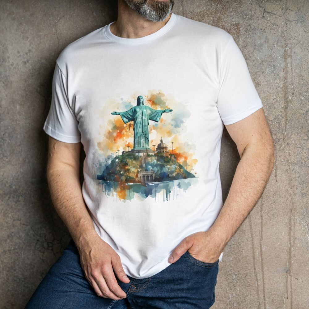 Nome do produto: Camisa Cristo Redentor - Arte Colorida - Jesus Cristo - Camiseta - Unisex - Premium
