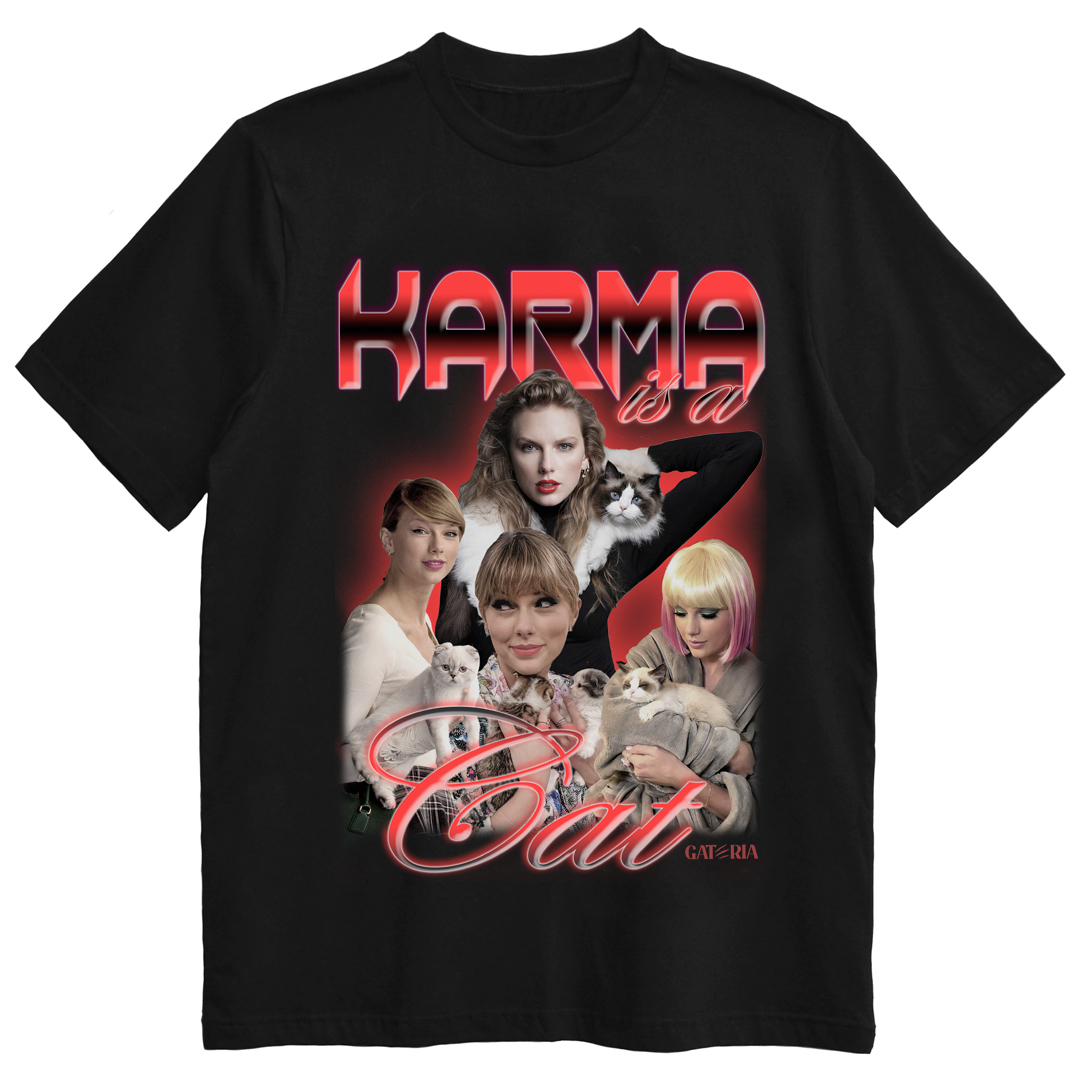 Nome do produto: Camiseta Taylor Swift - Karma Is A Cat - Preto