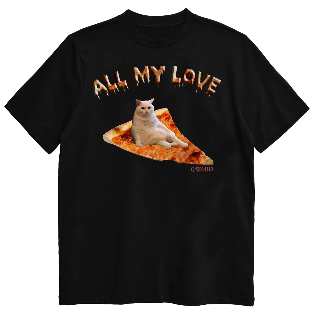 Nome do produto: Camiseta All My Love - Gatos e Pizza