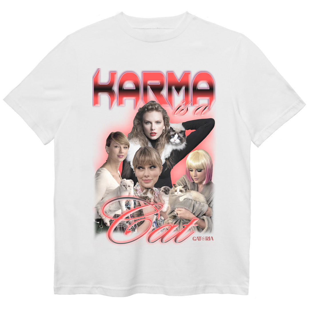 Nome do produto: Camiseta Taylor Swift - Karma Is A Cat - Branco