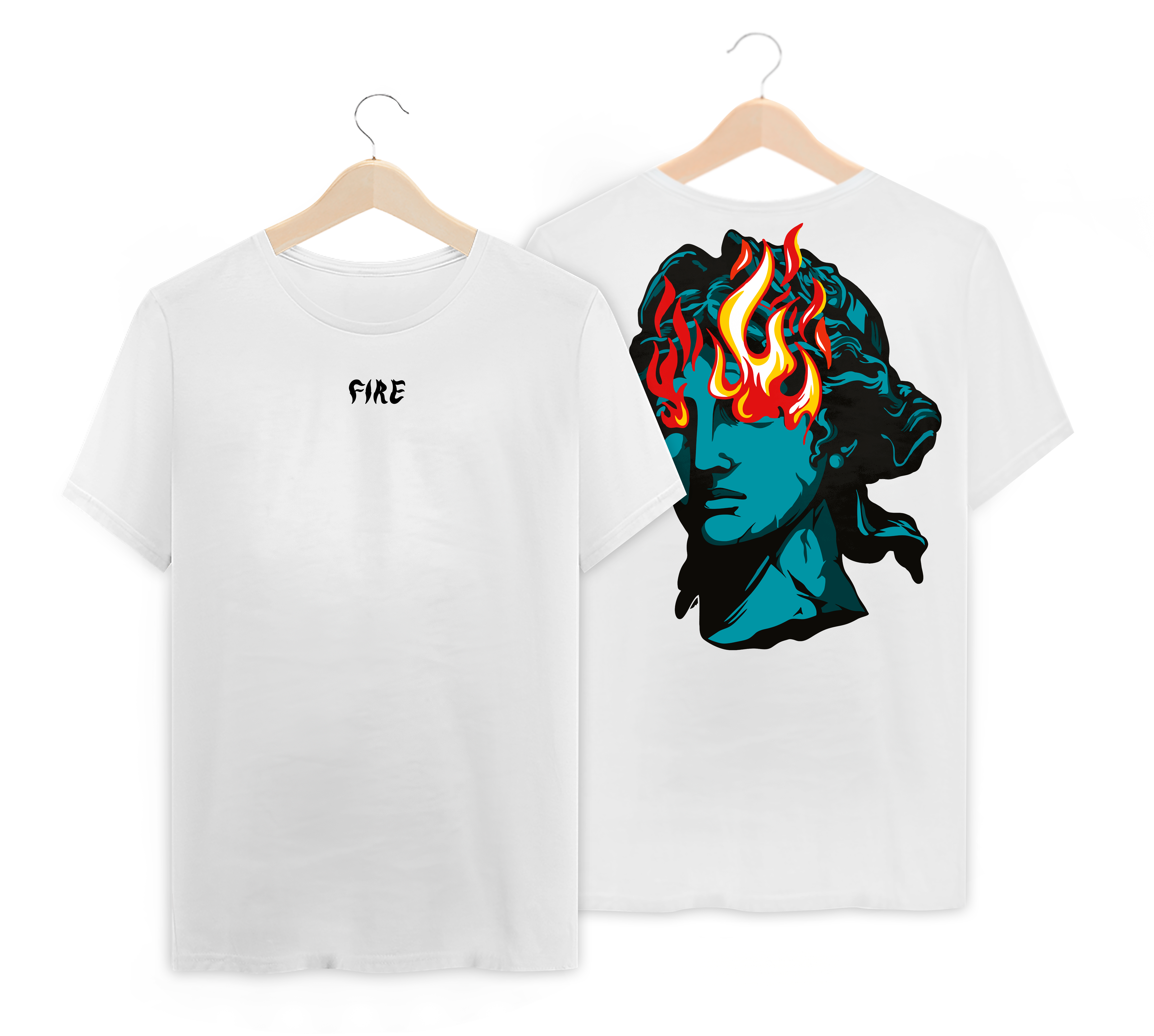 Nome do produto: Camiseta com estampa de uma estatua com fogo saindo dos olhos