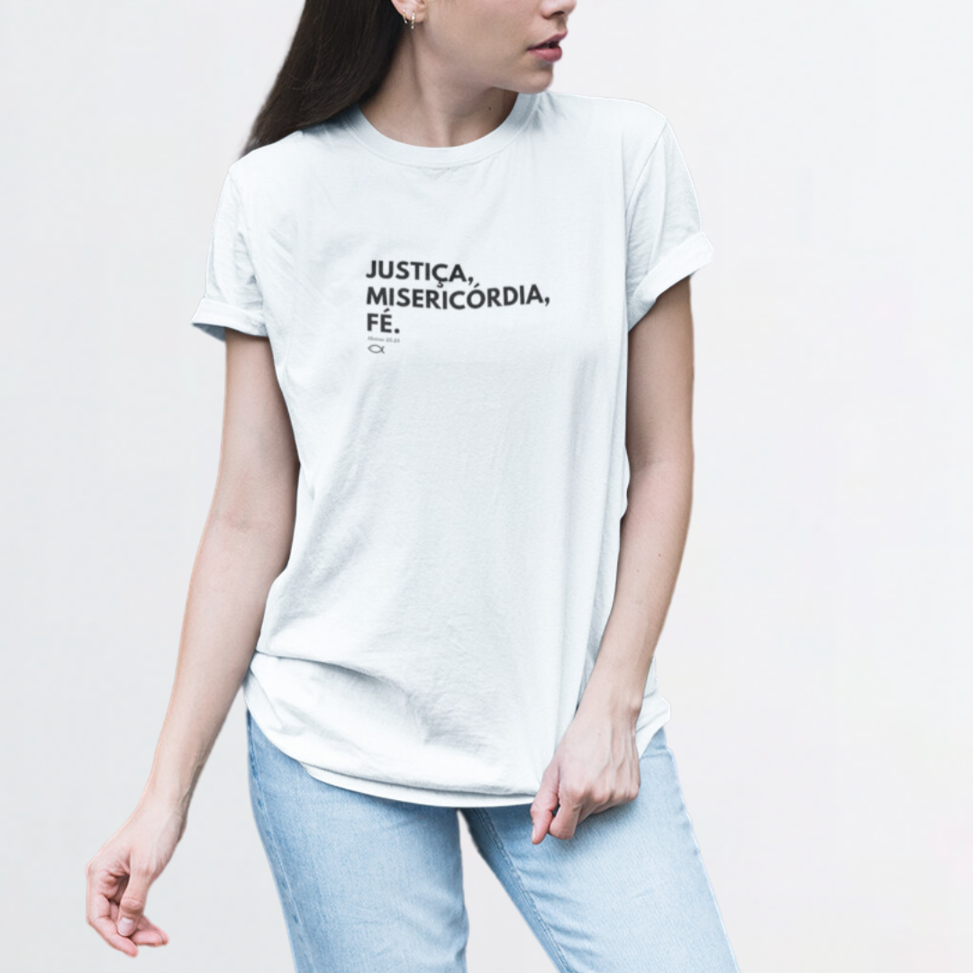 Nome do produto: Camiseta Unissex - Justiça, misericórdia e fé