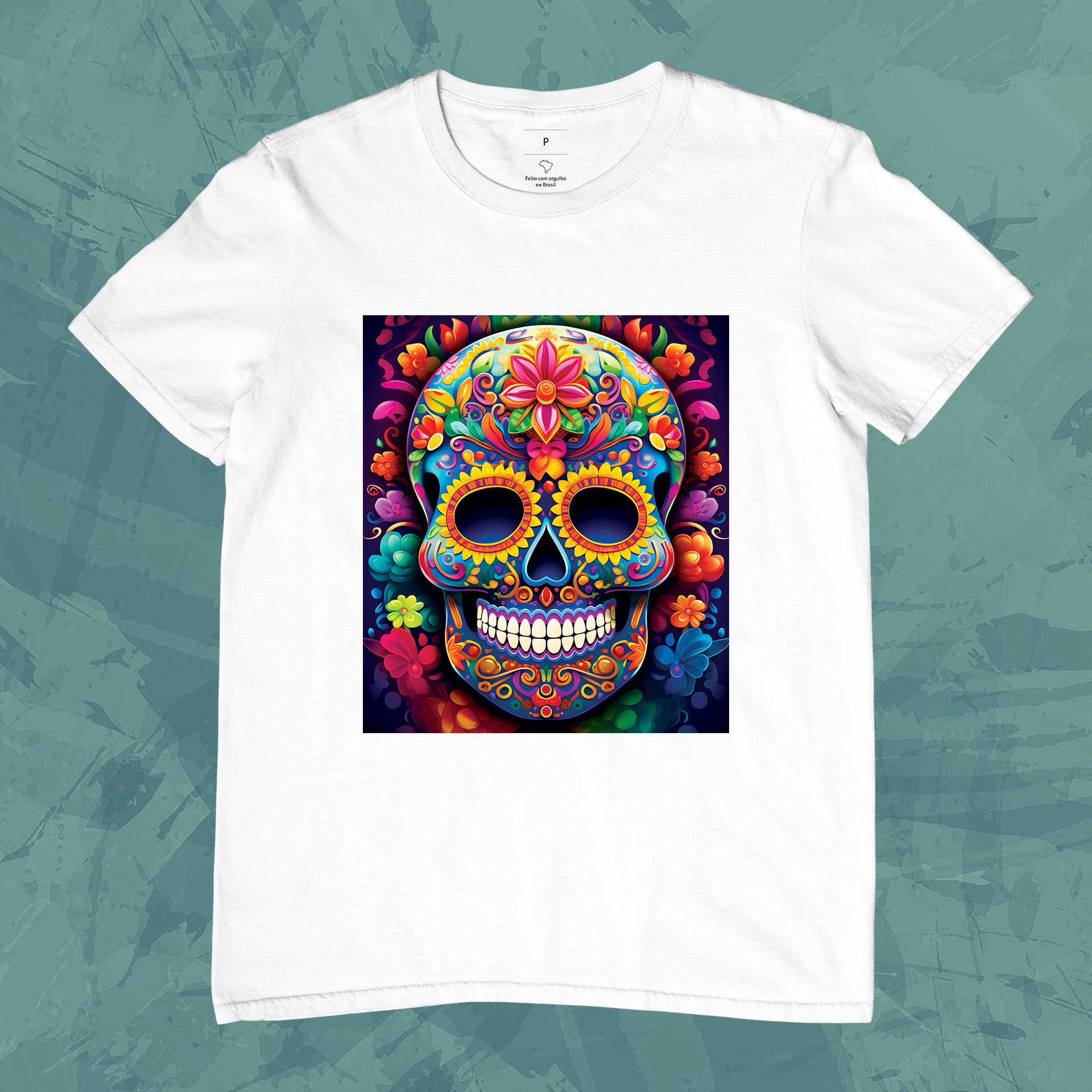 Nome do produto: Camiseta Unissex - Caveira Mexicana Vibrante