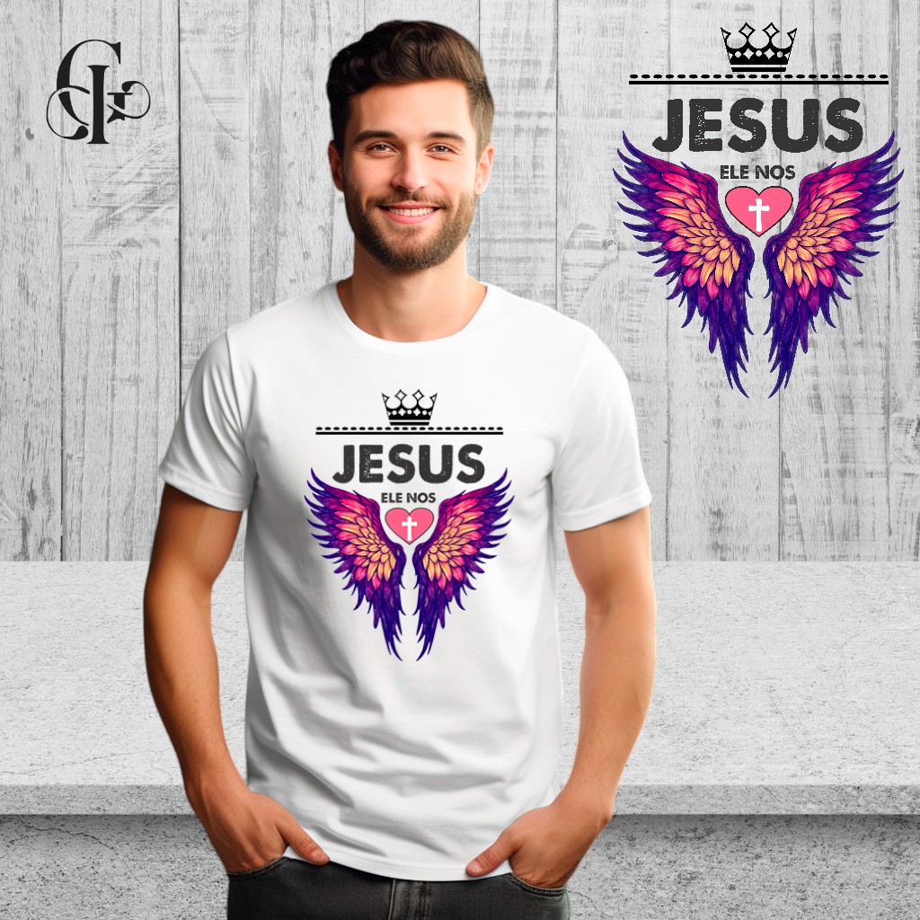 Nome do produto: Camiseta Arte Cruz Ele Nos Amou