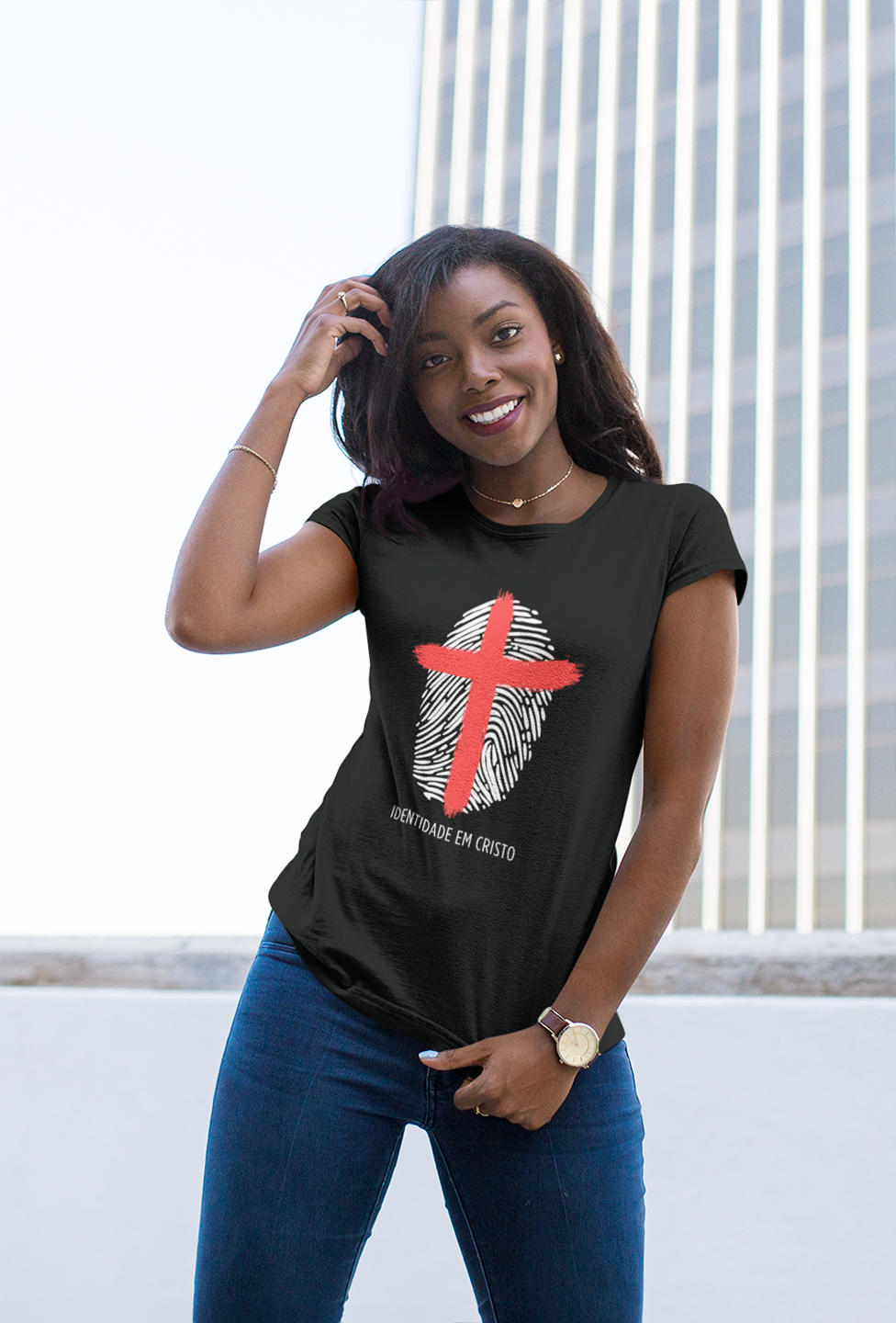 Nome do produto: Camiseta Feminina  Baby Long - Identidade em Cristo - Preto ou Azul Marinho