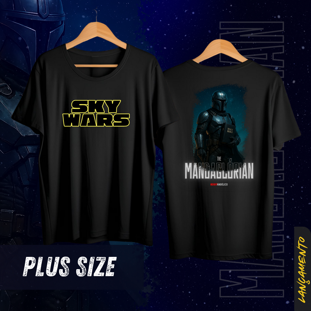 Sky Wars – The Mandaglórian - Camiseta Plus Size - Frente e Costas