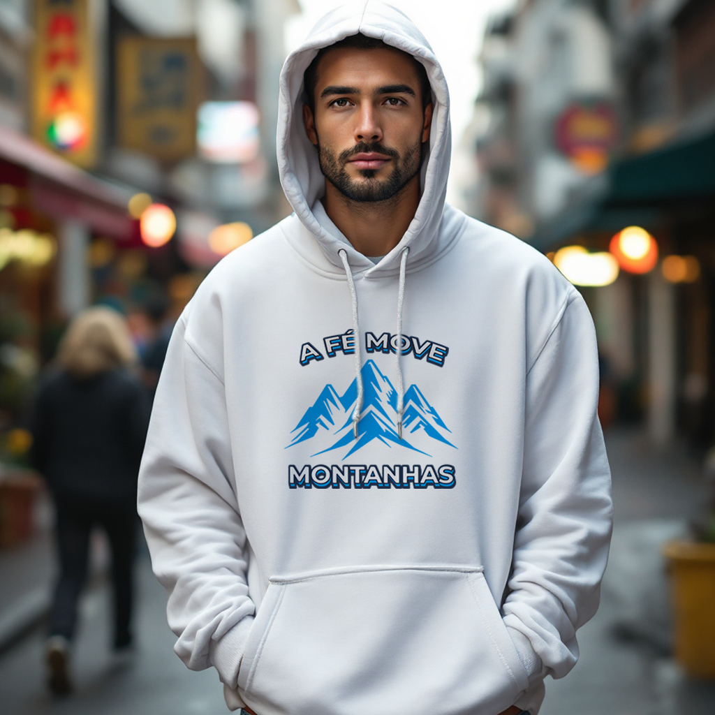 Nome do produto: Moleton Canguru A Fé Move Montanhas