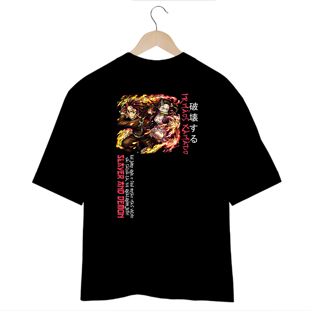 Camiseta Oversized Preta Irmãos Kamado - Slayer and Demon