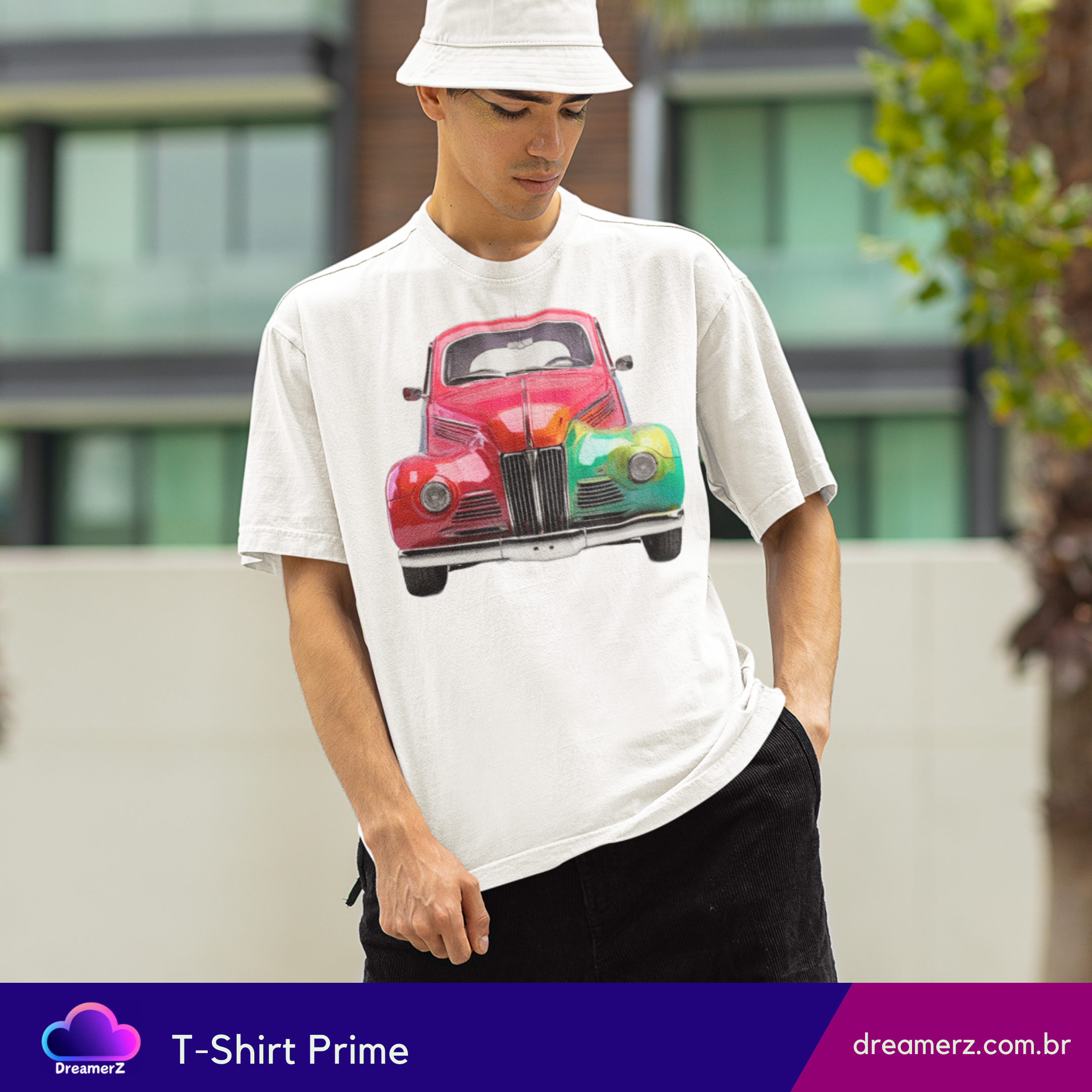 Camiseta Classic Rainbow Car – Estilo Retrô com Toque Pop
