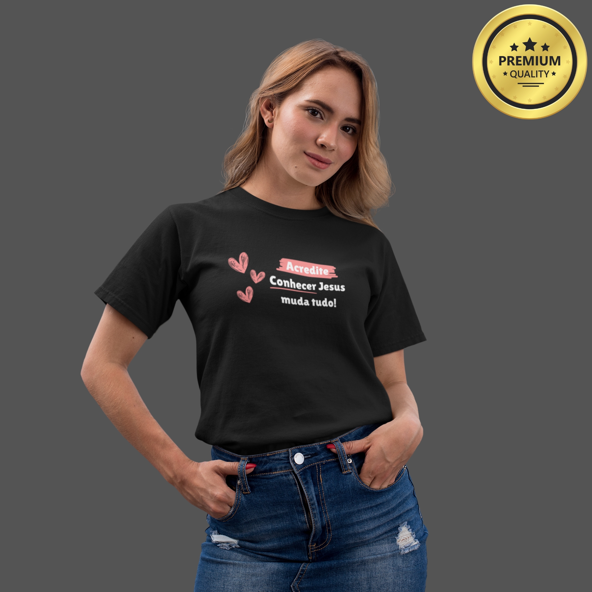 Camiseta Feminina Premium Conhecer Jesus muda tudo