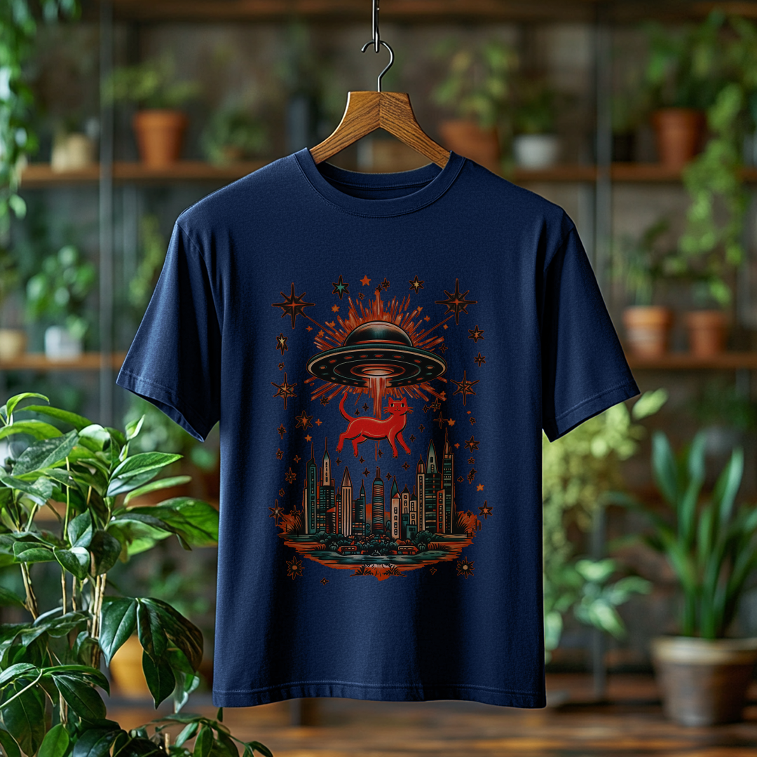 Nome do produto: Camiseta Plus Size Gatinho Abduzido