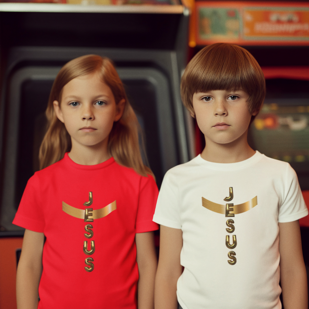 Nome do produto: CAMISA INFANTIL DOURADA JESUS EM CRUZ 10 a 14 ANOS ( varias cores )