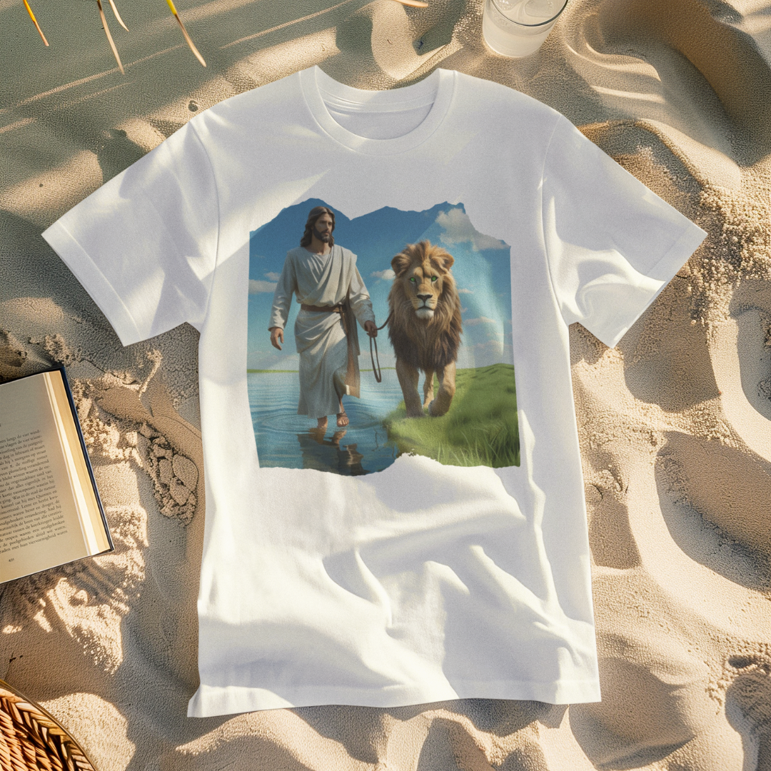 Nome do produto: CAMISA QUALITY JESUS CAMINHANDO NA AGUA COM LEÃO