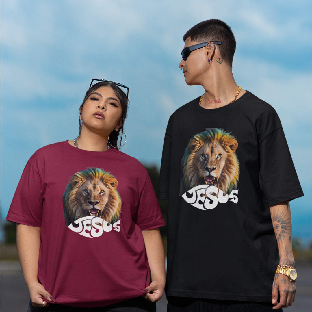 Nome do produto: Camisa Oversized Leão Com Jesus Escrito ( varias core )