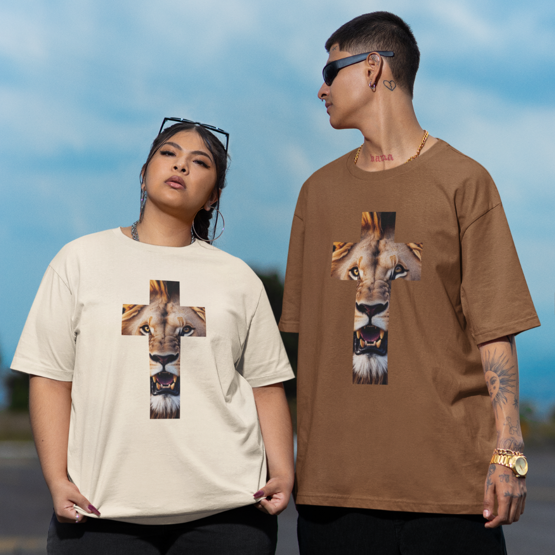 Nome do produto: Camisa Oversized Leão Em Forma de Cruz ( varias cores )