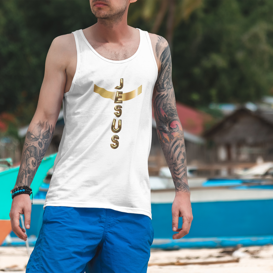 Nome do produto: REGATA MASCULINA DOURADA JESUS EM CRUZ ( varias cores )