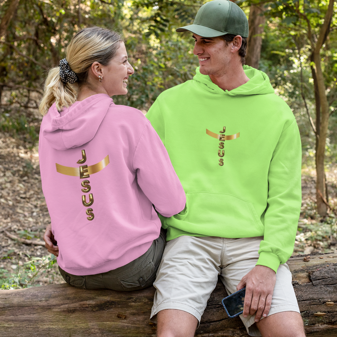 Nome do produto: MOLETOM CANGURU DOURADO JESUS EM CRUZ ( FRENTE E COSTAS - varias cores )