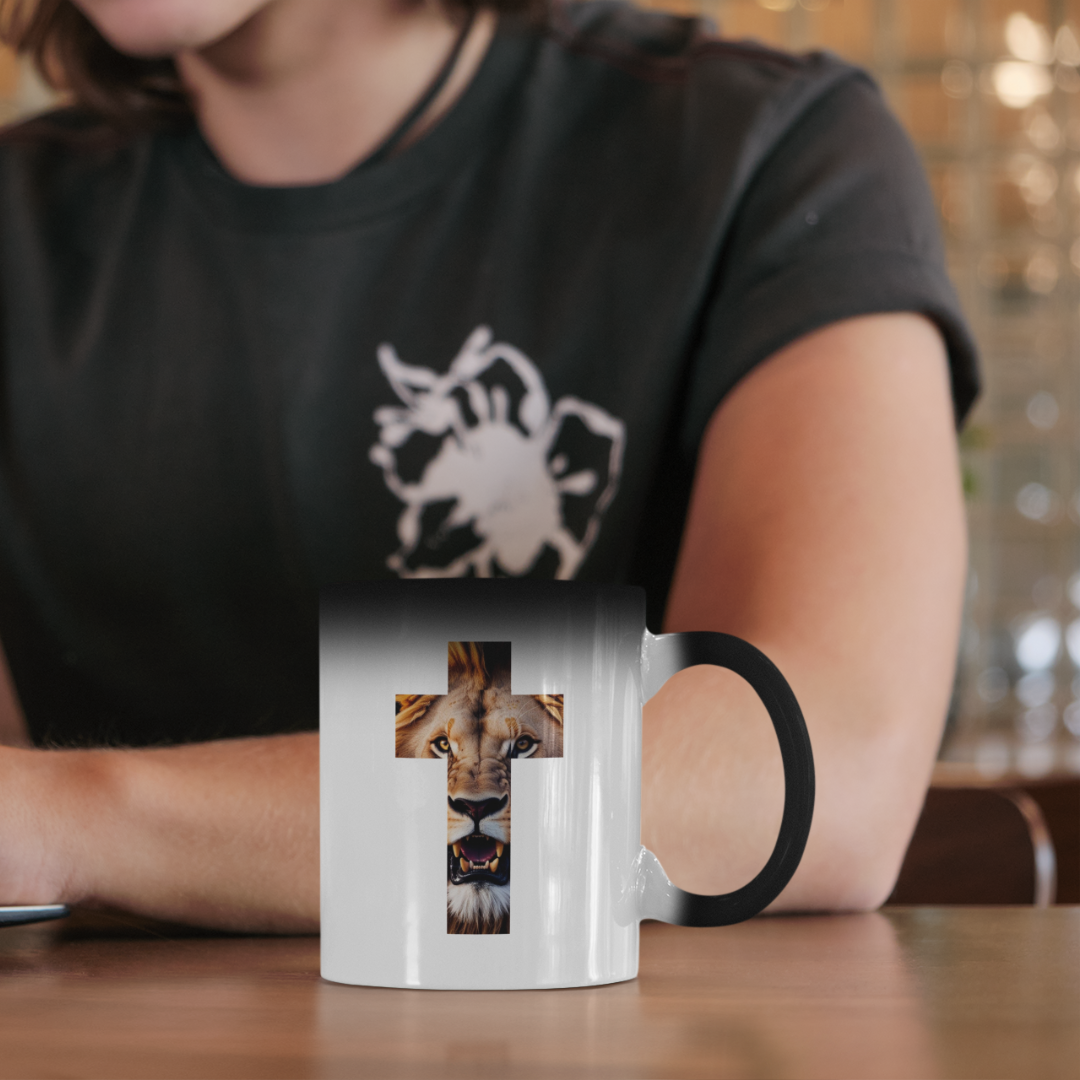 Nome do produto: CANECA MAGICA COM LEÃO EM FORMA DE CRUZ