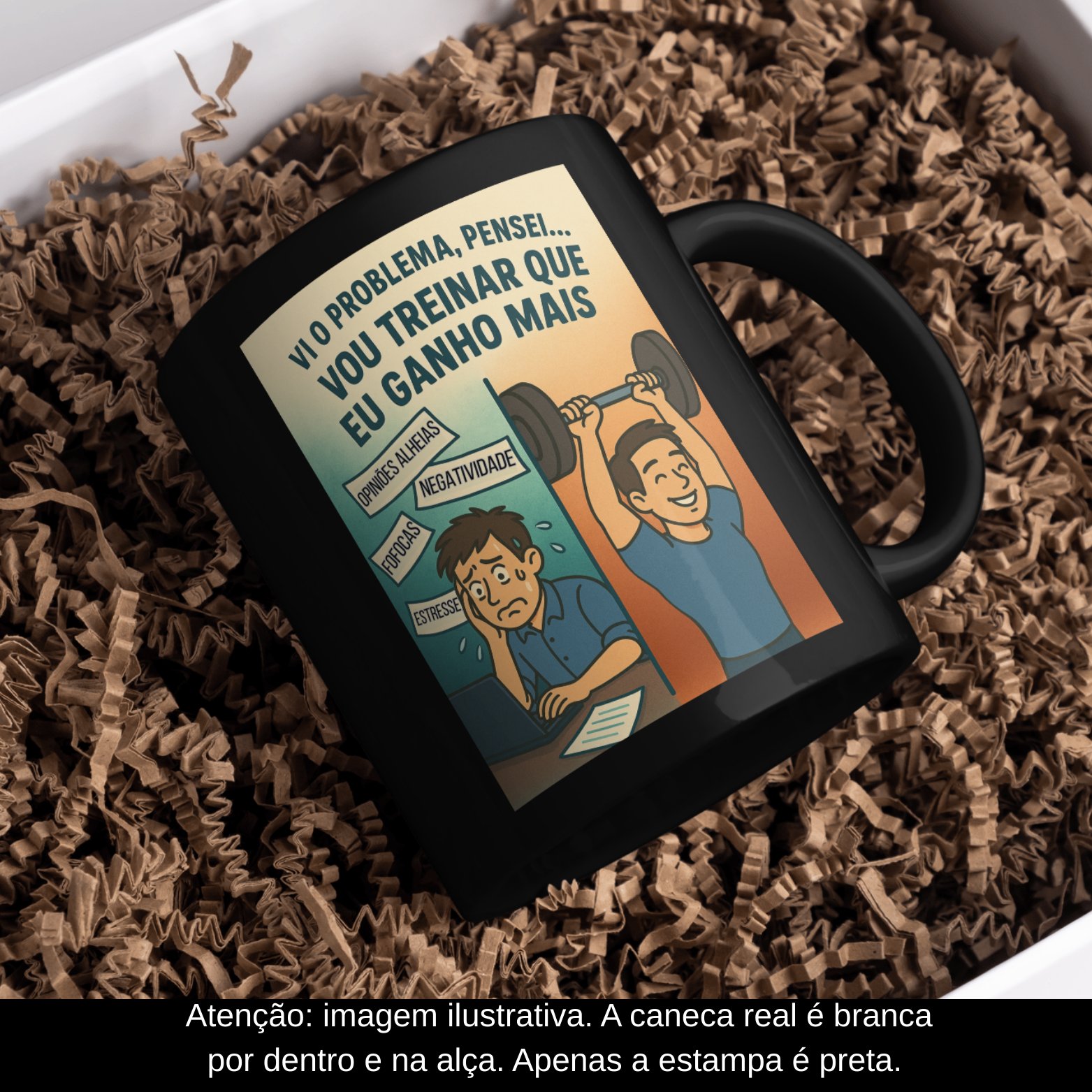Nome do produto: Caneca Oficial – Vi o Problema, Pensei... Vou Treinar Que Eu Ganho Mais! (Versão Masculina – Estampa Preta)