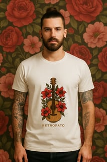   T-Shirt Quality Unissex Violão Clássico Floral Vintage