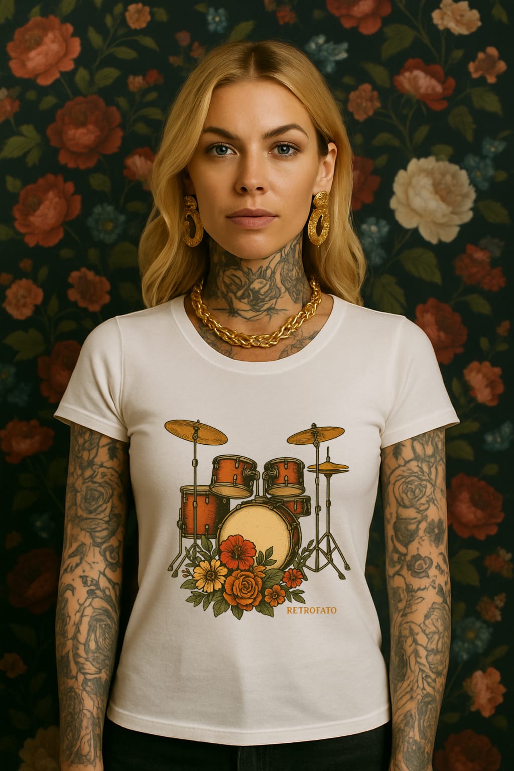 T-Shirt Quality Unissex Bateria Foral Vintage