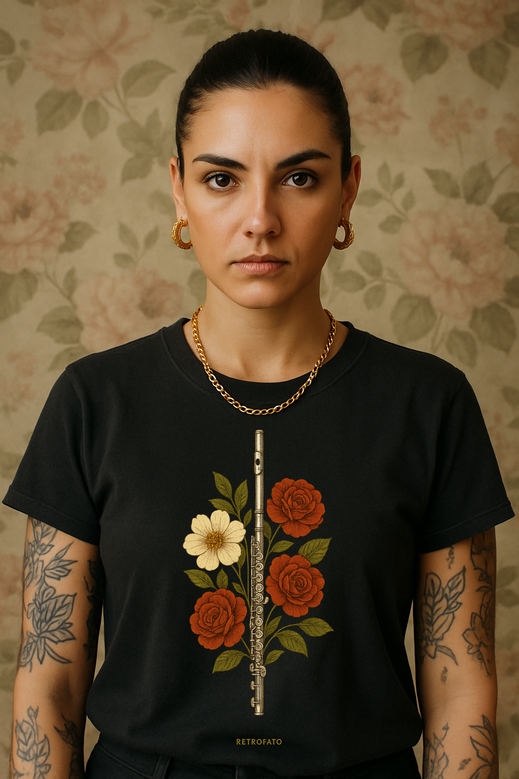 T-shirt Classic Unissex Flauta Transversal Floral Vintage