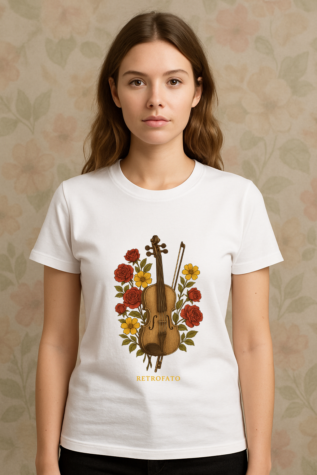 T-shirt Classic Unissex Violino Floral Vintage