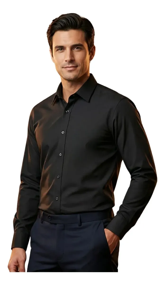 Camisa Social Manga Longa Slim Fit Elastano Tecido Estica Preta