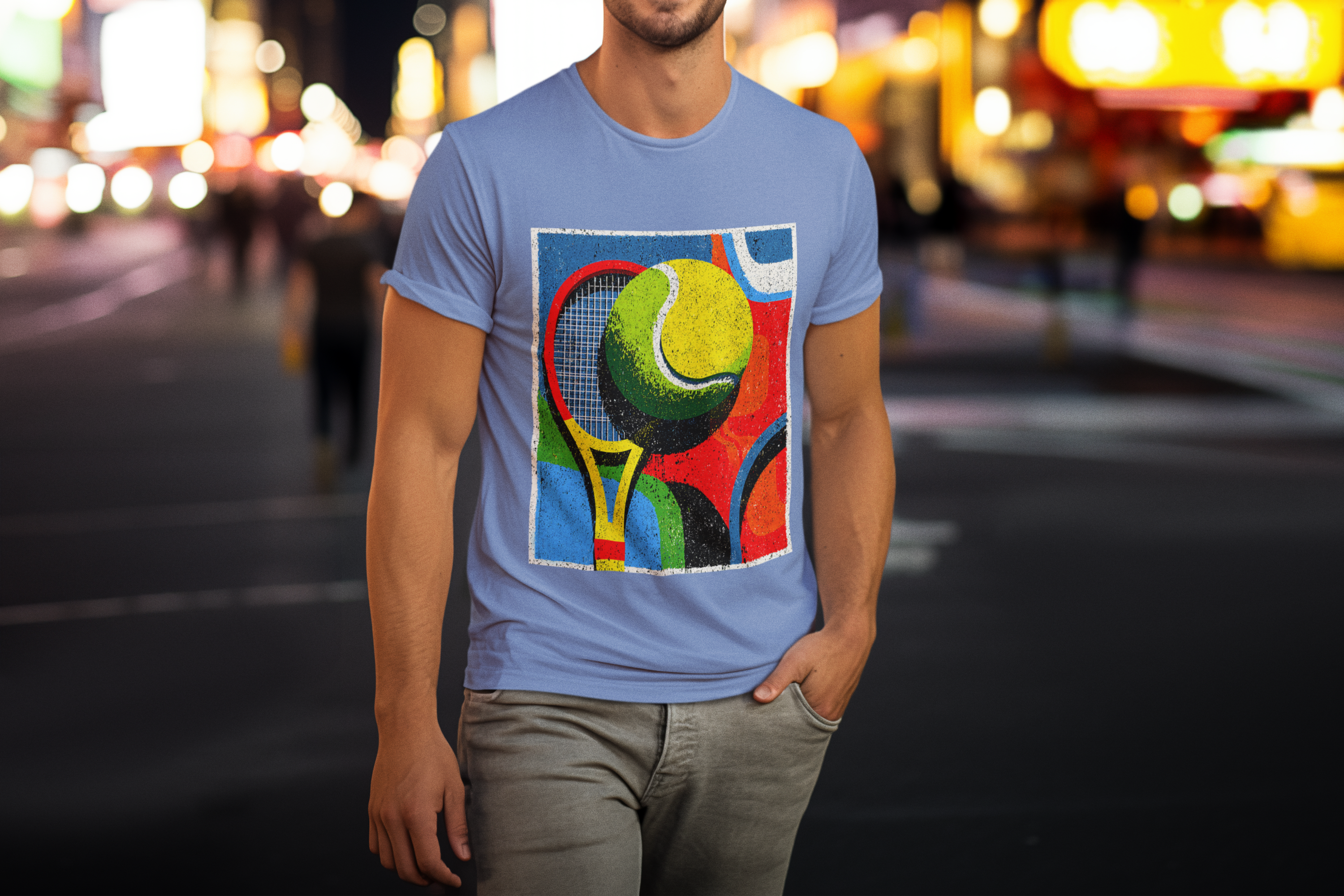 T-Shirt Estonada Abstrata de Tênis – Raquete e Bola em Arte Exclusiva