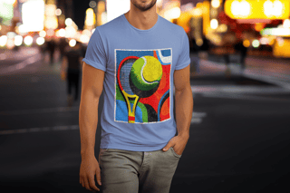 T-Shirt Estonada Abstrata de Tênis – Raquete e Bola em Arte Exclusiva