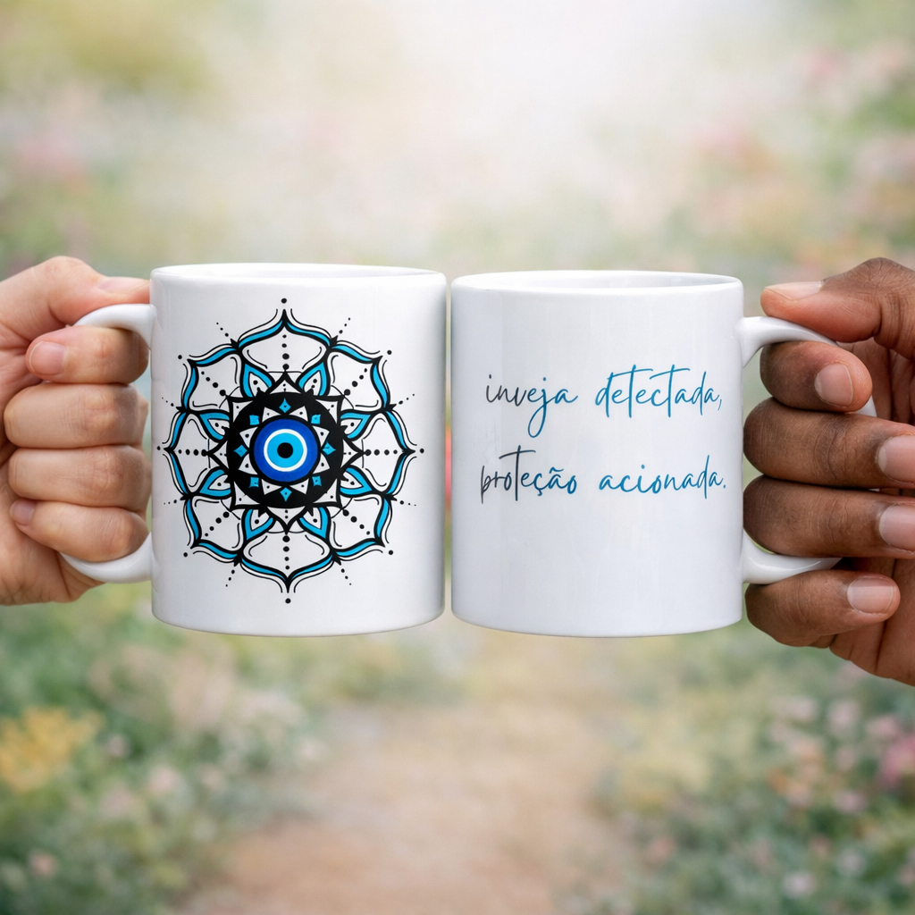 Caneca Mandala Olho Grego – Círculo de Harmonia – Inveja detectada, proteção acionada