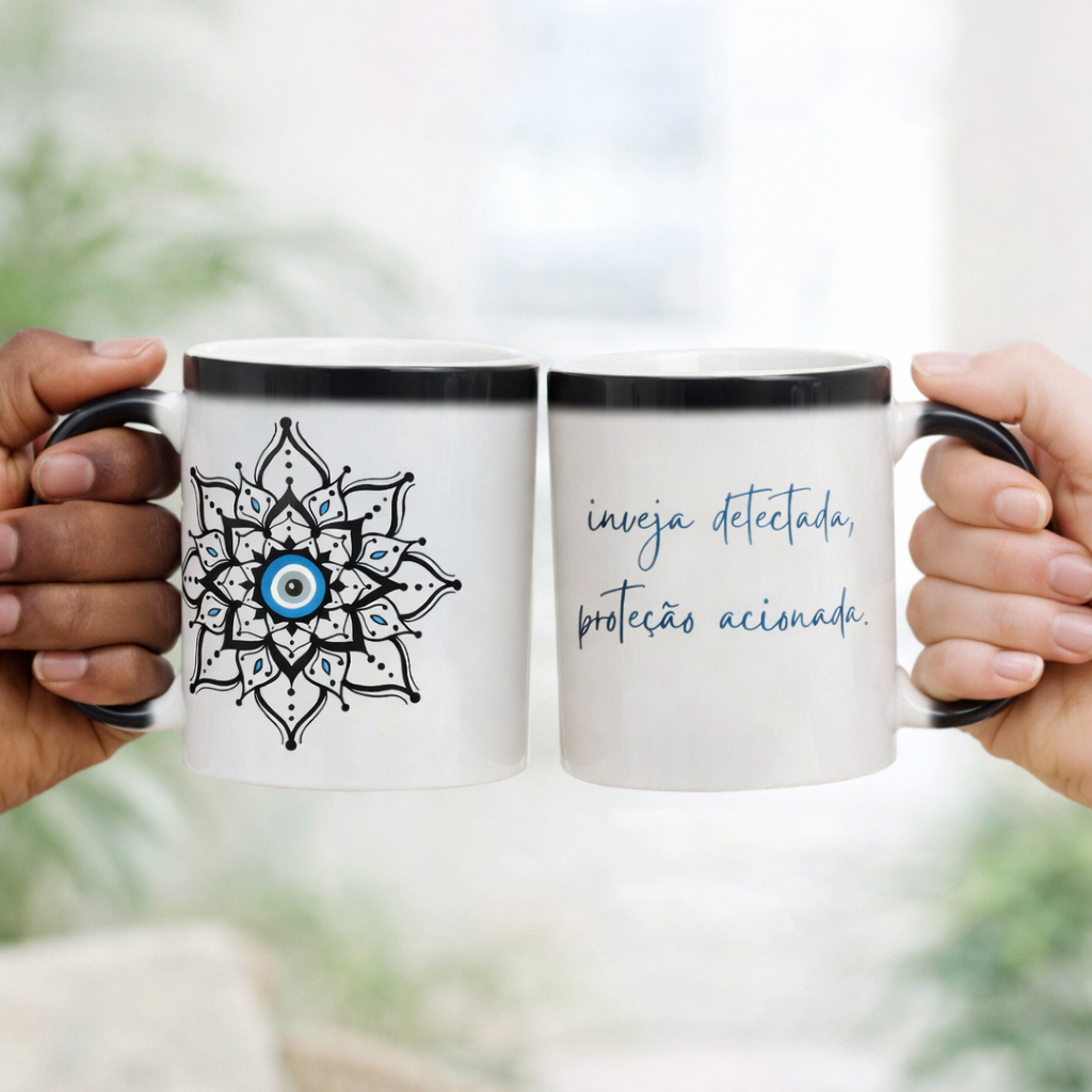 Caneca Mágica Mandala Olho Grego – Escudo da Intuição – Inveja detectada, proteção acionada