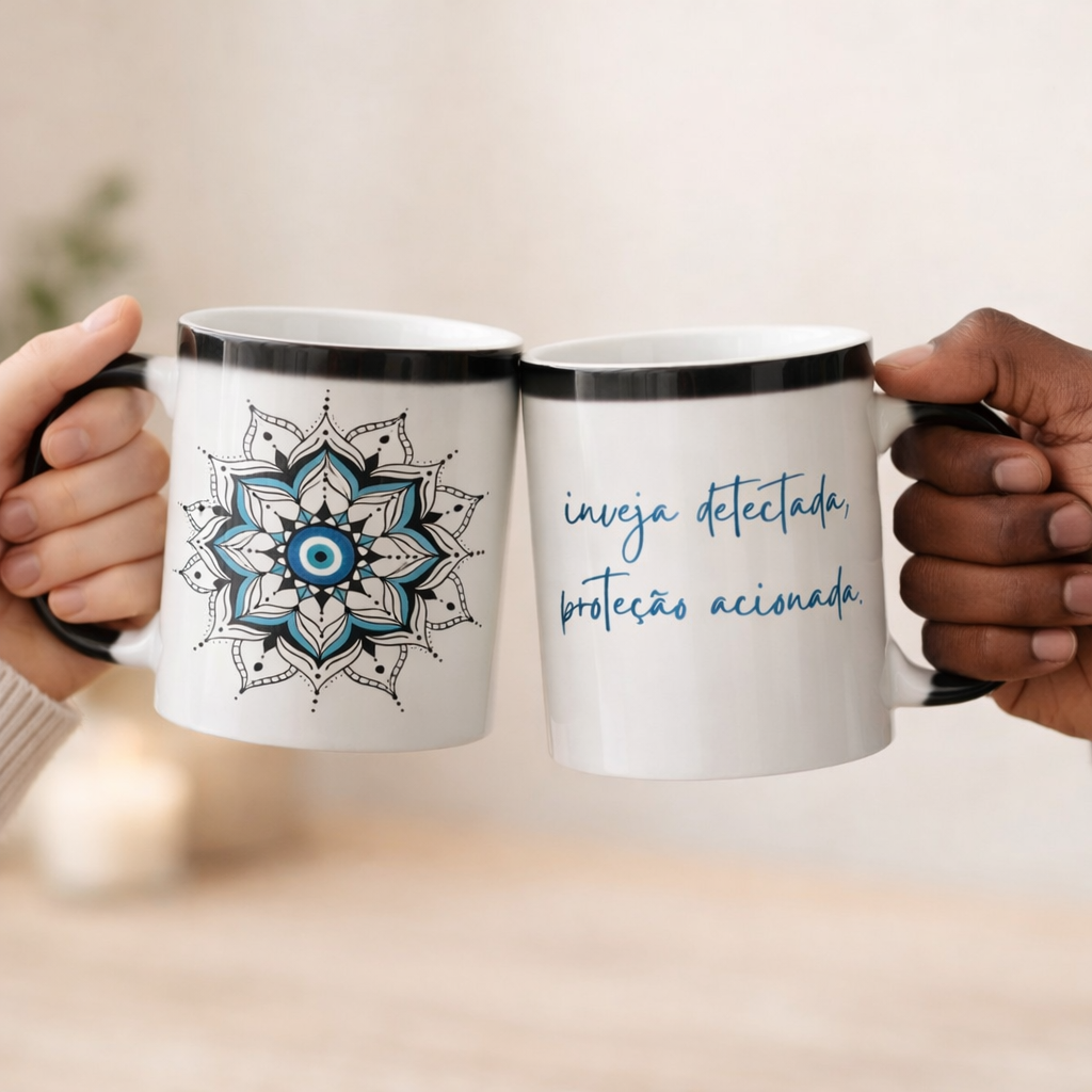 Caneca Mágica Mandala Olho Grego – Guardião Azul – Inveja detectada, proteção acionada