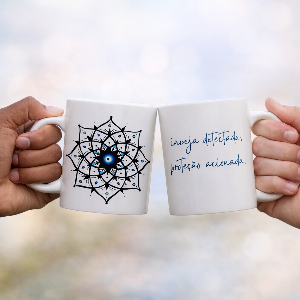 Caneca Mandala Olho Grego – Xô, Inveja! – Inveja detectada, proteção acionada