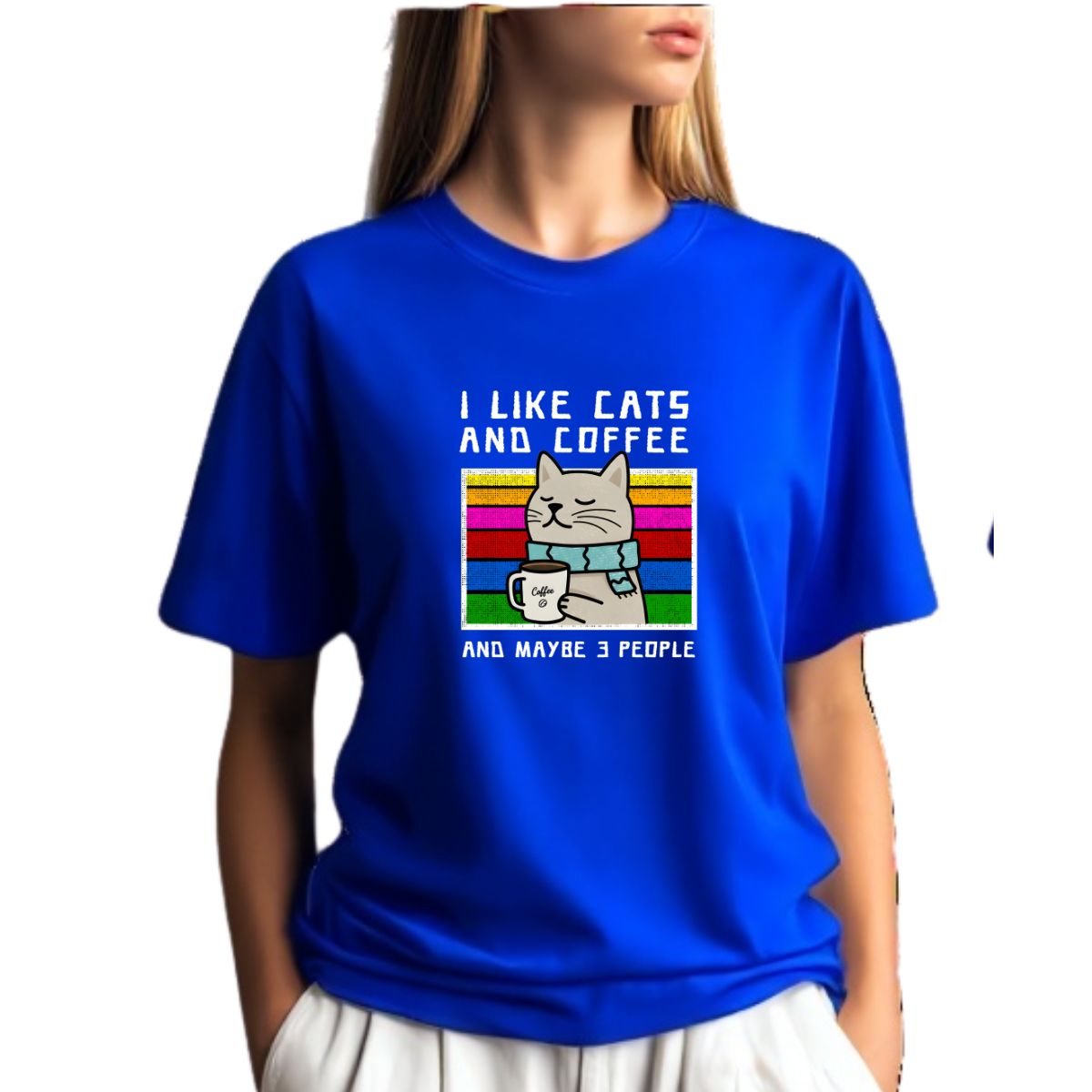 Camiseta Azul Royal Gato Divertido - Algodão Penteado