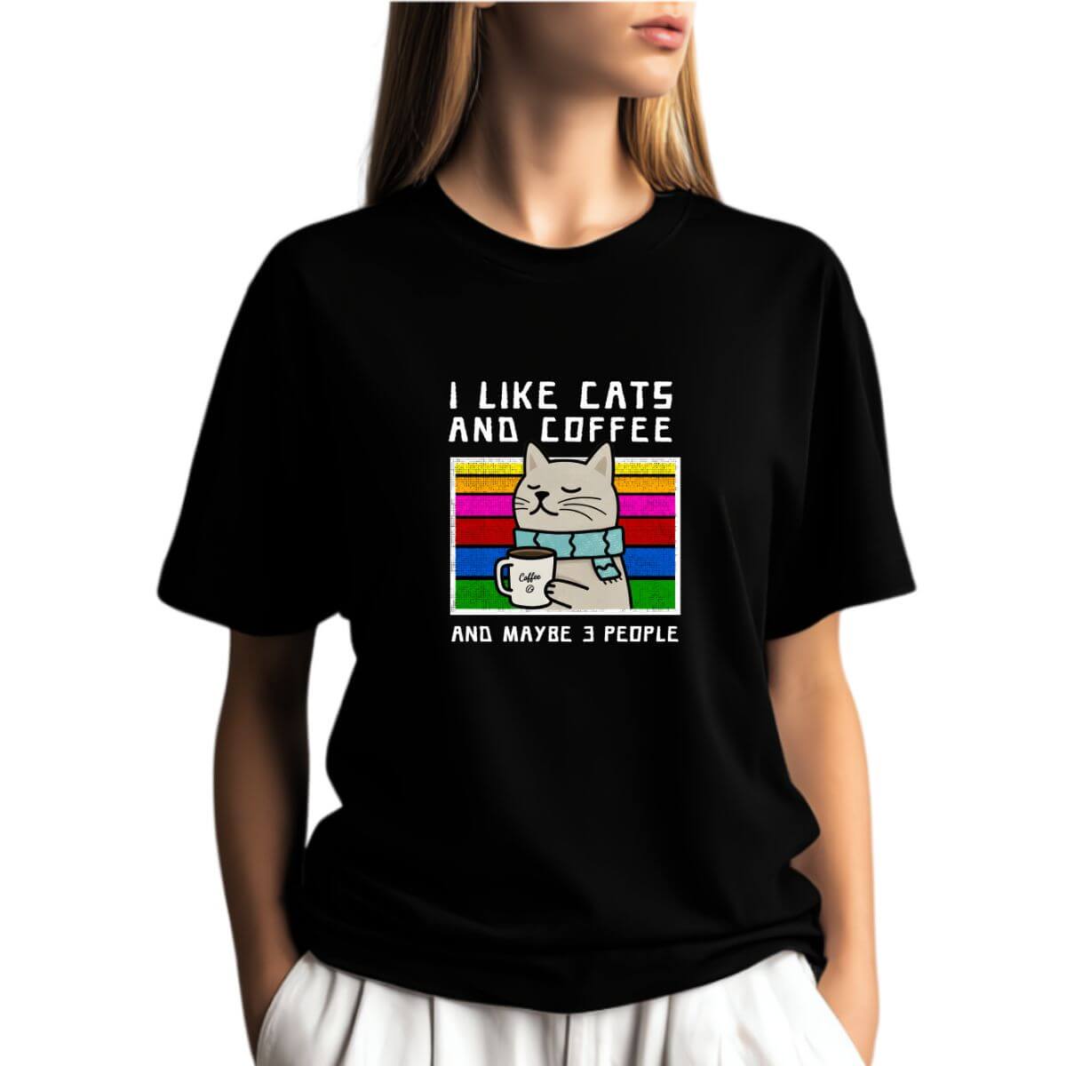 Camiseta Preta Gato Café - Frase Engraçada Algodão 30.1