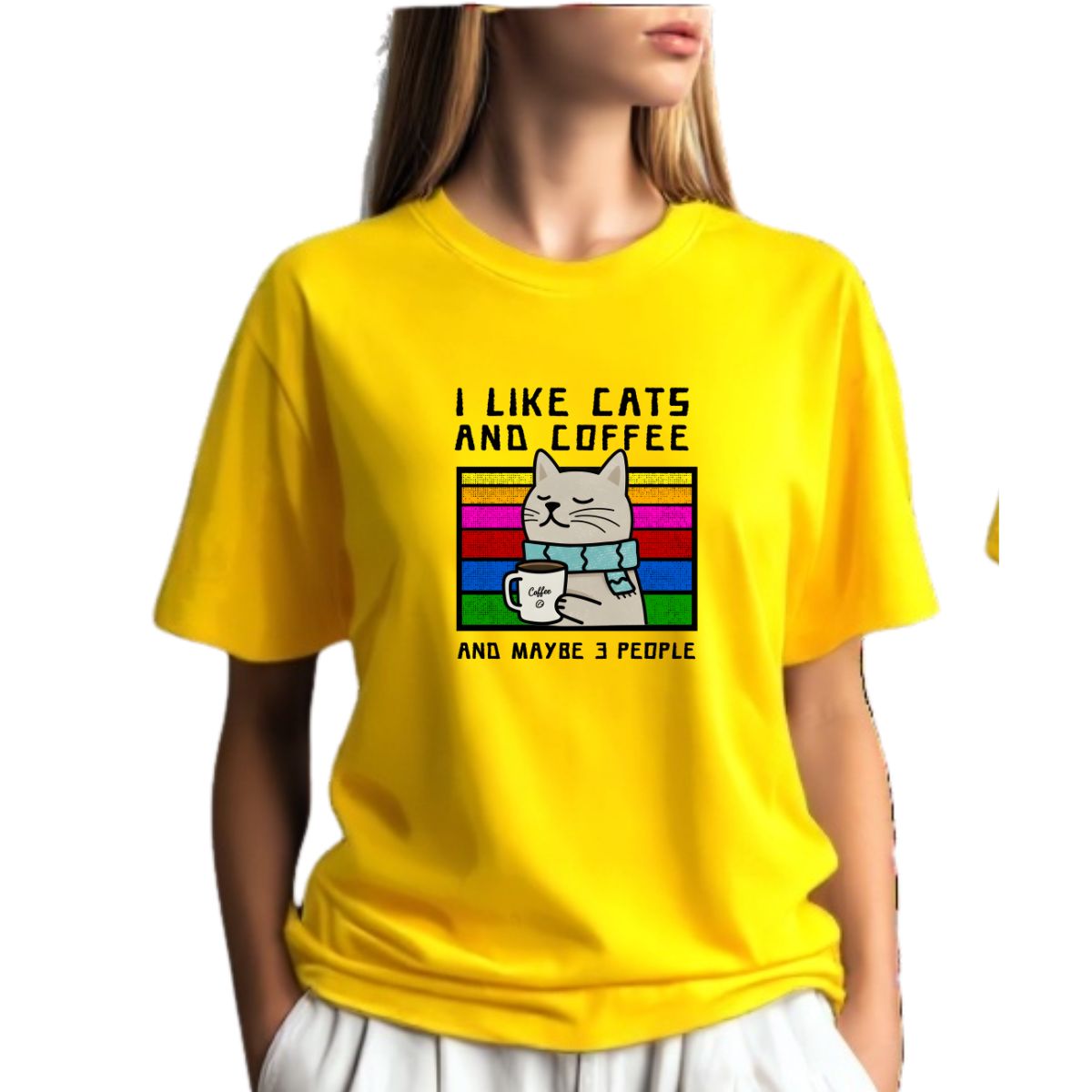 Camiseta Amarela Gato I Like Cats And Coffee - Algodão 30.1 Unissex